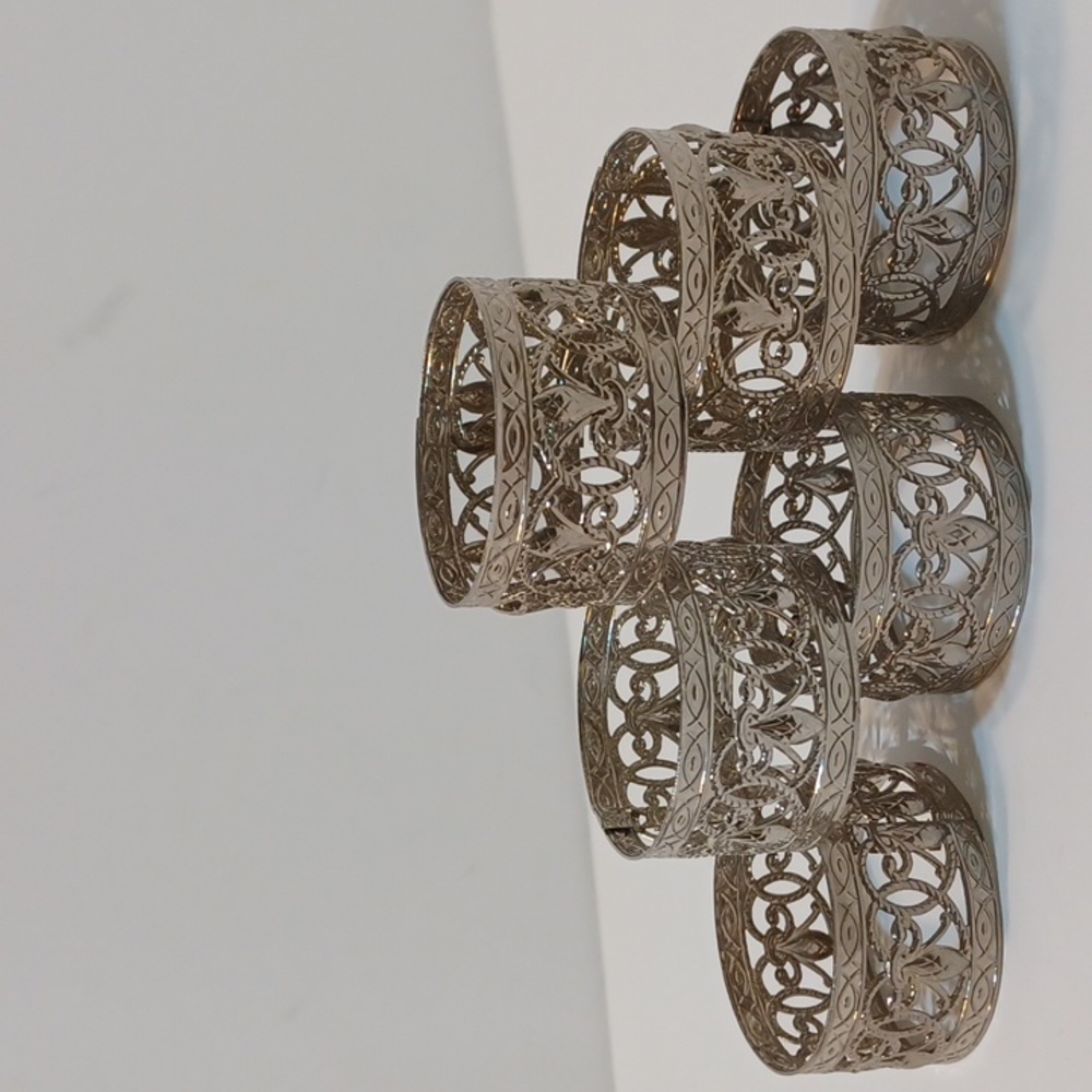 Vintage Kemp and Beatley Fleur Delis Filigree Napkin Ring Set of 6 L@@K!
